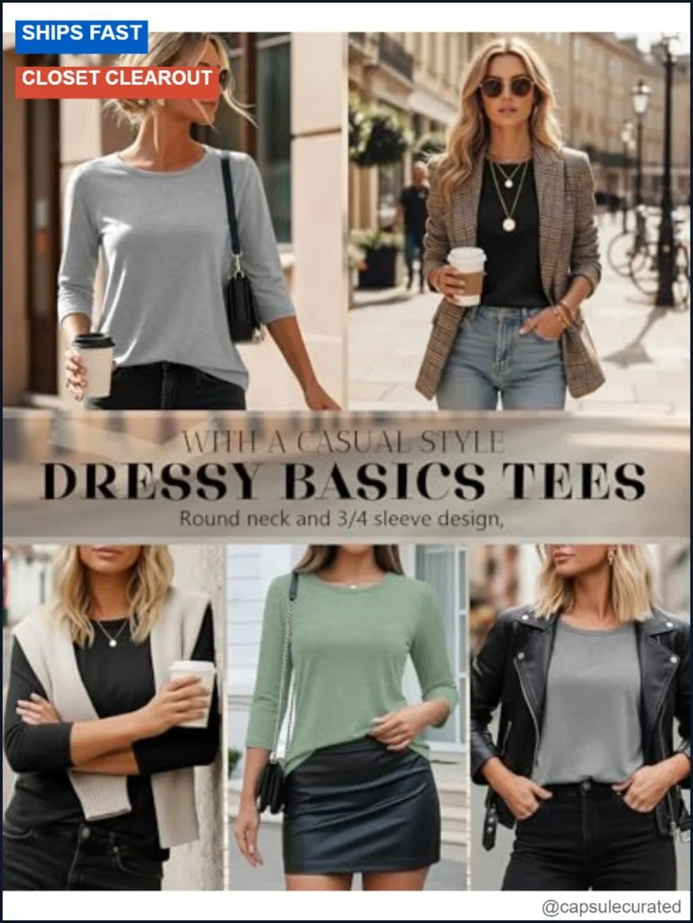 3/4 Sleeve T-Shirts for Women Loose Fit 3 Pack Soft Stretch Casual Basic Tees